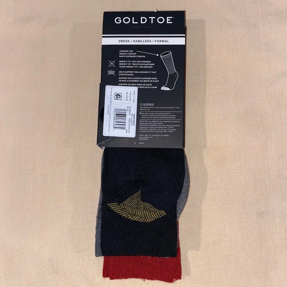 3 Pairs Gold Toe Men's Red Gray Black Dress Crew Socks Aquafx Size 6-12.5 NEW